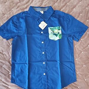 NWT Gymboree Boys Blue Short Sleeve Shirt with Tropical Pocket, Size L